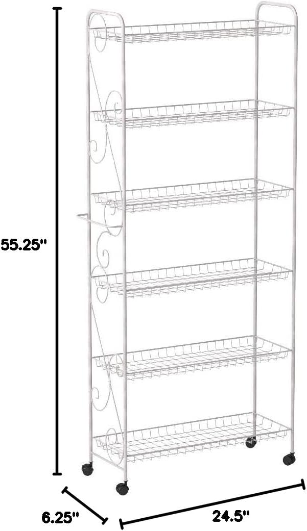 Collections Etc Slim Rolling Pantry 6-Tier Shelf, White Metal with Elegant Scroll Design Accent - Extra Kitchen and Bathroom Storage, 10"