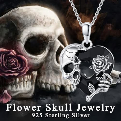 Image of S925 Sterling Silver Skull Pendant Necklace Heart Crystal Birthstone Skull Necklace Gothic Jewlery Gifts