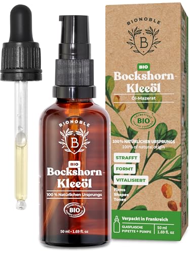 Bionoble Bockshornklee-Öl Bio 50ml - Öl-Mazerat aus Bockshornkleesamen + Sonnenblumenöl - Körper, Brustbereich, Gesäß, Haare, Nägel - Vegan Fenugreek Oil - Glasflasche + Pipette + Pumpe