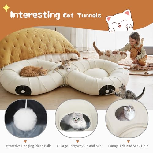 Image of Pawaboo 2-in-1 Cat Tunnel Bed for Indoor Cats, 8-Shaped Large Cat Tunnels with Plush Cushions, Foldable Cats Cave Hideout Kitty Toys with Fluffy Balls, Donut Tunnel for Kitten Rabbit Ferret,Beige