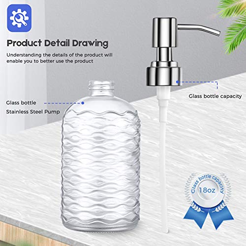 2 Pack Soap Dispenser 16 Ounce Tempered Glass Clear Hand Liquid Soap Bottle Refillable Lotion Dispensers with Rust Proof Pump for Bathroom Countertop Kitchen Sink (Horizontal Stripes) - Thumbnail 2