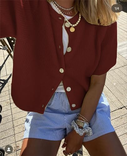 Image of Women Knitted Crop Cardigan Shirt Short Sleeve Button Down Ribbed Knit Crop Top Y2k Girls Outwear Top Tee Shirt
