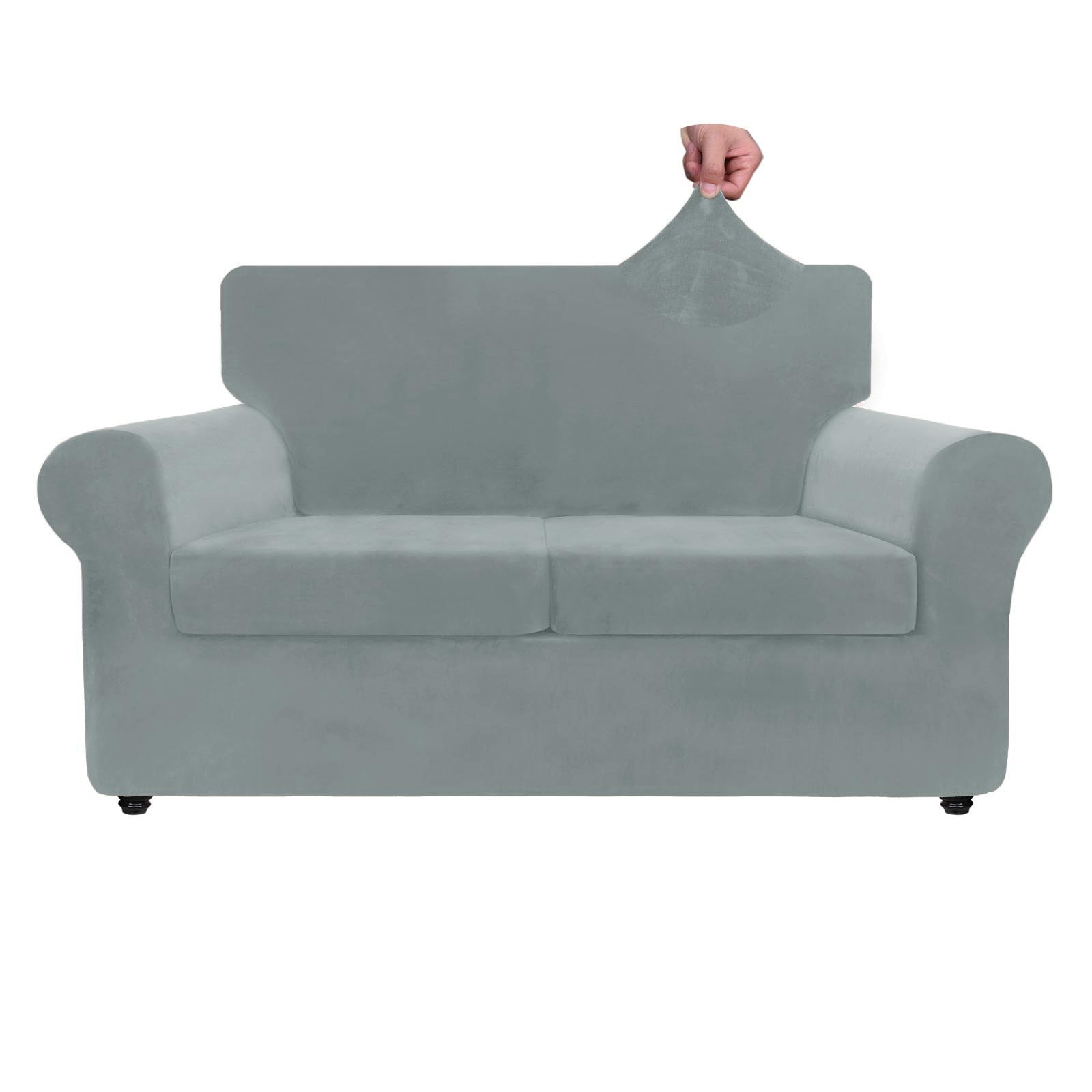 ZNSAYOTX Luxury Velvet Sofa Cover 3 Piece (57"-70") Stretch Loveseat Covers for 2 Cushion Couch Thick Soft Couch Slipcover with Non Slip Strap, Dog