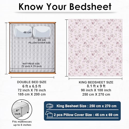 Image of Story@Home 240 TC Air Cotton King Size Bedsheet, Pink & Green, 270 x 250 cm | Air Cotton Flatsheet, Two Pillow Covers, 240 TC, Super Soft, Floral Design