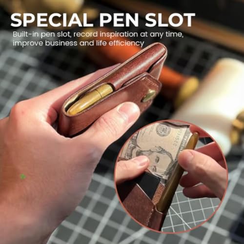 Vintage Handmade Leather Wallet, Multifunctional Handmade Leather Wallet for Men, Compact Wallets for Cash, Leathers Business Card Holder, Slim Minimalist Men's Wallets Built-In Pen Slot(1PC,Wallet)2