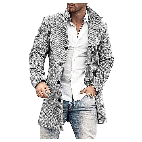 Mens Vintage Graphic Plaid Trench Coat Mid Long Wool Blend Color