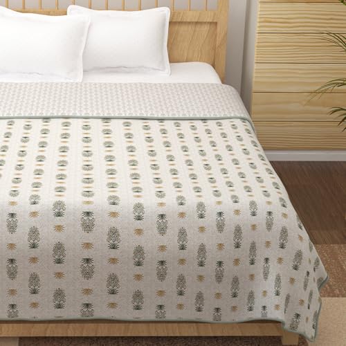 Image of Story@Home Dohar Double Bed Cover Cotton 100% | 150GSM 225 x 240 CM Quilt AC Blanket for Summer | AC Comforter Double Bed | Green & White, Motif Reversible Design Duvet | All-Season Blanket
