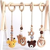 4 Stück Baby Gym Spielzeug, Anhänger Spielbogen Holz Baby Hängende Spielzeug, Baby Beißring Set für Neugeborenen Baby Shower Geschenk (Braun)