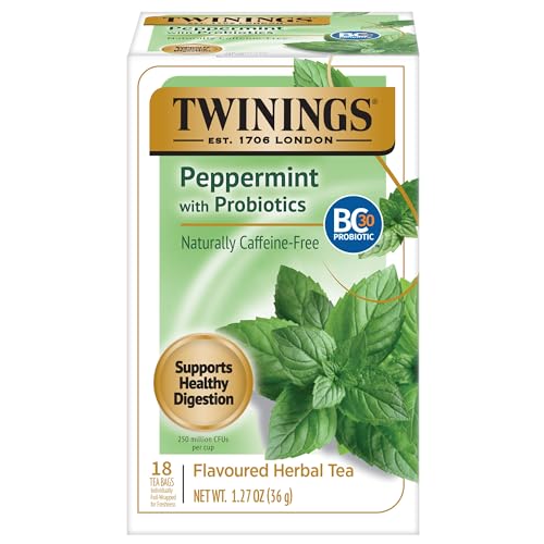 Image of Twinings Superblends Probiotics+ Peppermint & Fennel Herbal Tea, 250 Million CFUs per Cup, 18 Tea Bags (Pack of 1), Naturally Caffeine-Free, Enjoy Hot or Iced