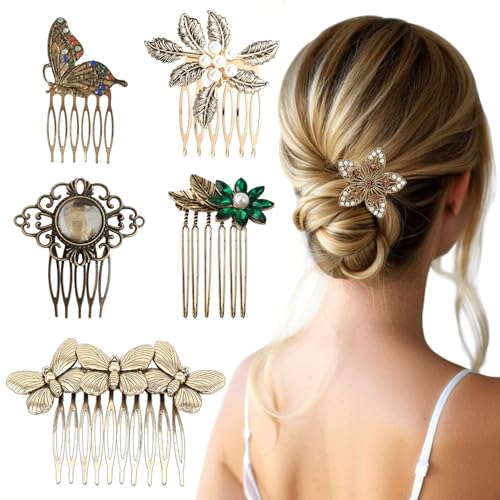 6 Pack Vintage Hair Side Combs for Women Decorative Butterfly Flower Leaf Pearl Rhinestone Metal Hair Comb Tooth Clip with Teeth Grip Crystal Bridal Hair Piece Pins for Wedding Accessories
