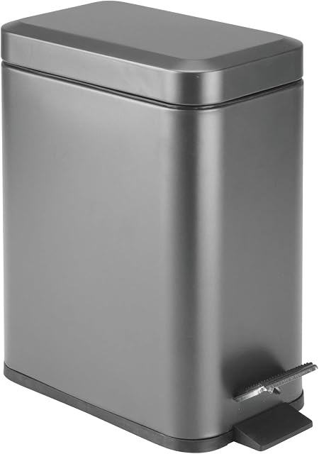 mDesign Pedal Bin  Waste Bin with Pedal, Lid and Plastic Bucket Insert Perfect for Bathroom, Kitchen, and Office  Stainless Steel Household Rubbish Bin with Ergonomic Design  Graphite Grey