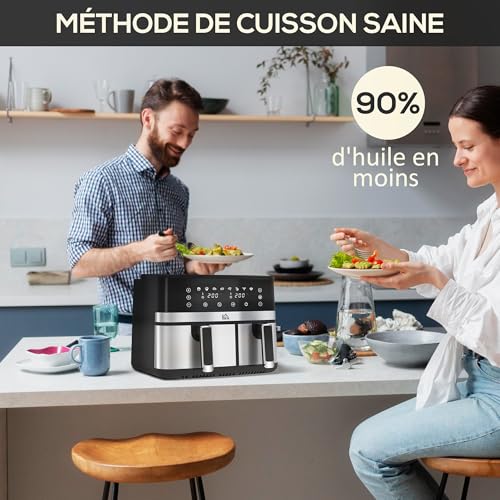 HOMCOM Friteuse à air sans huile dual zone air fryer 8,5 L - 2700 W - 8 programmes, écran LED tactile, température réglable, minuterie, 2 paniers antiadhésif, finition de synchronisation, recette – Image 6