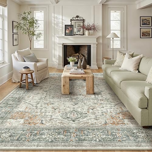 8x10 Large Area Rugs for Living Room Washable Non Slip Vintage Rugs Low Pile Lightweight Soft Floral Traditional Distress Print Carpet for Bedroom Din