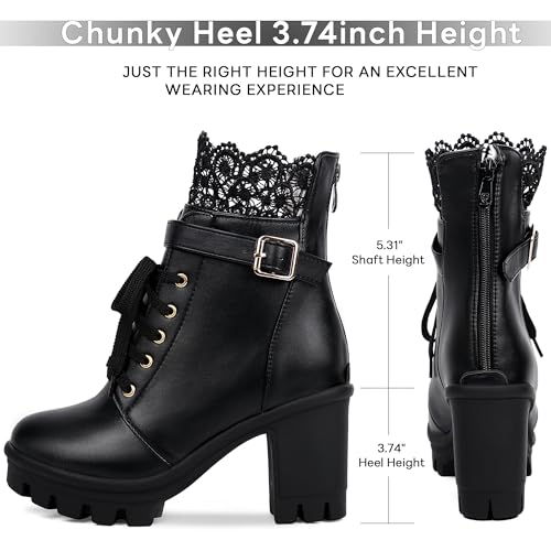 BEAUPAS Black Ankle Boots Goth Boots for Women Chunky Platform Boots Lace Up Heels Closed Toe Heeled Booties Block Heel Boots Cosplay Shoes(Black,10.5)2