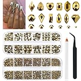 Mine - Diamantes de imitación dorados para uñas, 120 formas múltiples, diamantes de imitación de cristal con parte trasera plana, gemas redondas de oro metálico, piedras de cristal K9, joyas con