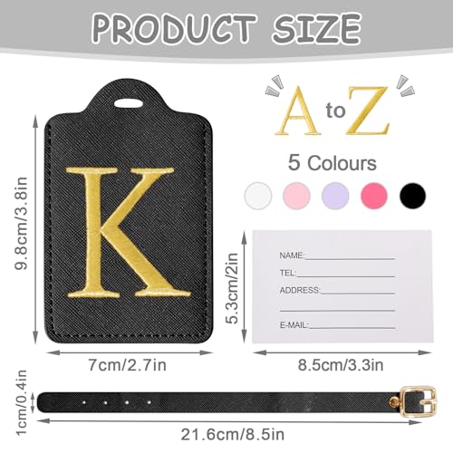 Image of Personalized Initial Luggage Tags for Suitcases, Cute PU Leather Embroidered Letter Travel Luggage Tags, Suitcase Identifier Name Baggage Tag, Bag Tags for Men Women Kids Luggage Handbags(Black K)