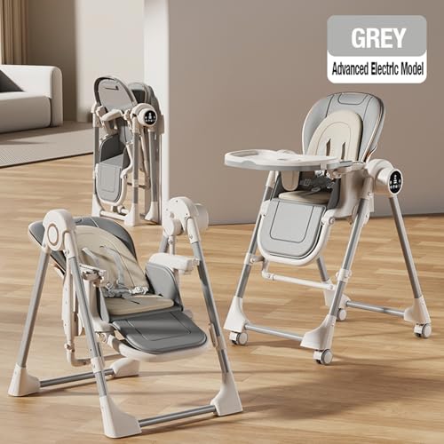 Image of Nine point nine Electric Bluetooth Smart PU Leather High Chair with Swinging Function, Baby High Chairs for Babies and Toddlers, Baby Feeding Chairs Seat, Removable Wheels, Double Tray (E8121 Grey)