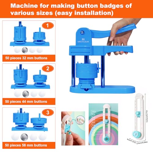 MECOLOUR Button Maker Machine Multiple Sizes 1.26+1.73+2.28 inch Pin Maker Machine,150pcs Button Badge Making Supplies,Button Press Machine for DIY