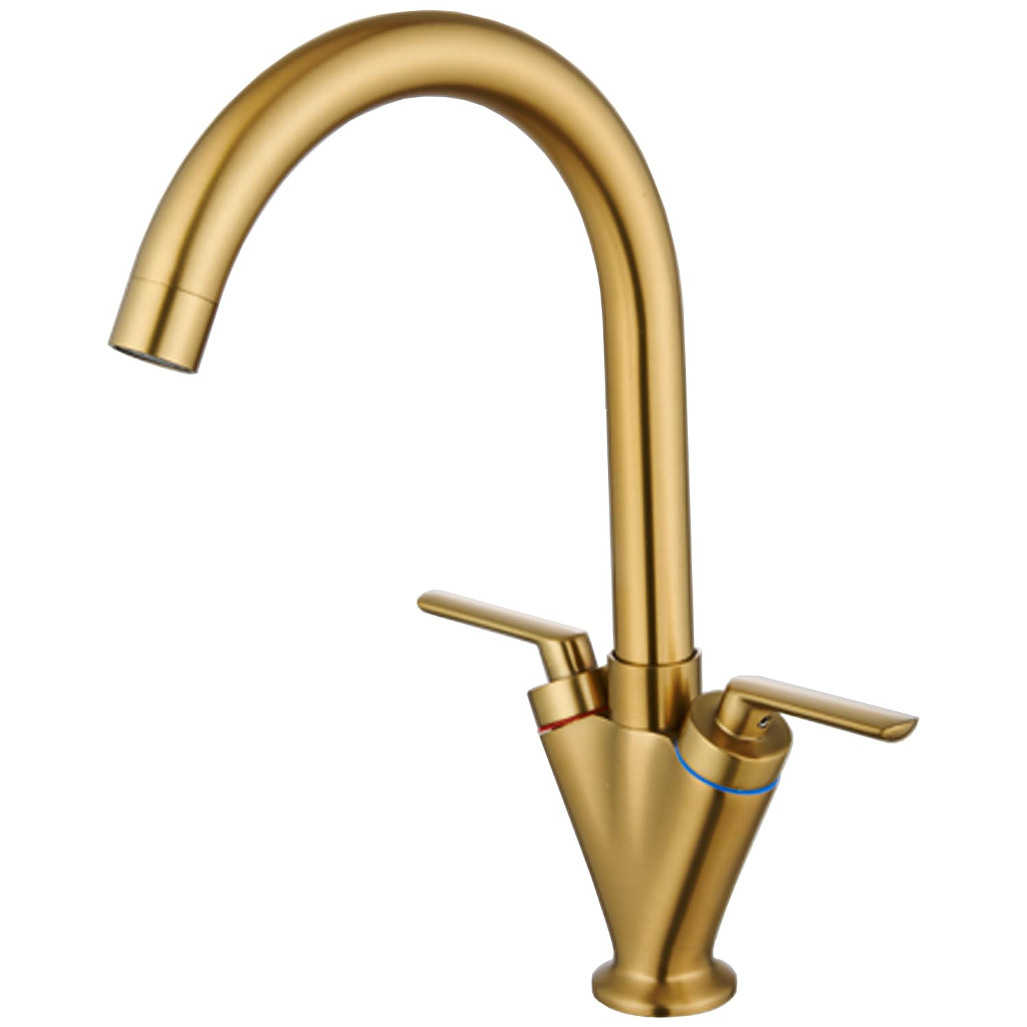 Eovem Brushed Gold Kitchen Tap, 360° Swivel Spout Swan Neck Sink Mixer Taps, Dual Lever Kitchen Faucet — image 1