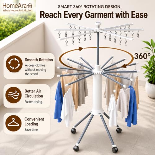 Image of 360 Rotating Clothes Drying Stand with 16 Aluminum Drying Rods & 20 Stainless Steel Clips | Foldable Indoor Outdoor Laundry Drying Rack | 4 Wheels | Compact Space Saving Cloth Dryer Stand