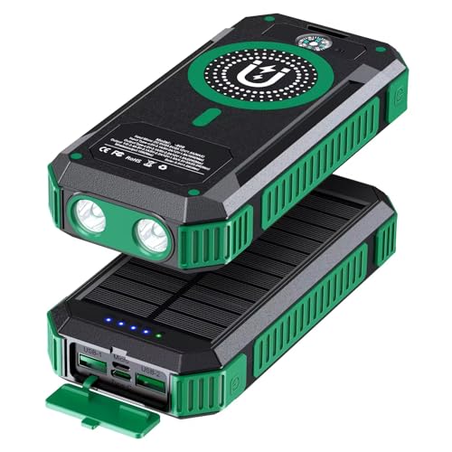 Image of LRSA Solar Power Bank, 40000mAh, Magnetic Wireless Charging, with LED Flashlight and Compass, for Camping (Black)
