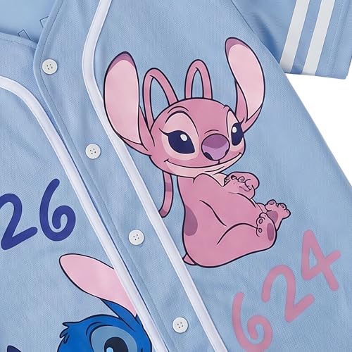 Image of Disney Lilo & Stitch Girls Baseball Jersey Shirt Button Down Kids Tee Stitch Angel Sizes 4-16