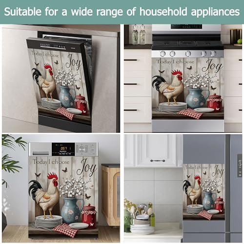 Image of Funny Rooster Refrigerator Magnet Cover,Rustic Farmhouse Flower Washable Dishwasher Magnets Decorative Cover,Home Kitchen Decorative Dishwasher Front Panel Cover 23x26 Inch