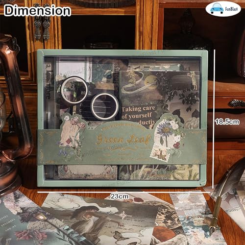 Image of FunBlast Aesthetic Scrapbooking Kit - 213 Pcs Vintage Junk Journal Supplies with Scrapbook Paper, Washi Stickers, A6 Grid Notebook, DIY Craft Journaling Gift for Teen, Girl, Adult (Green)