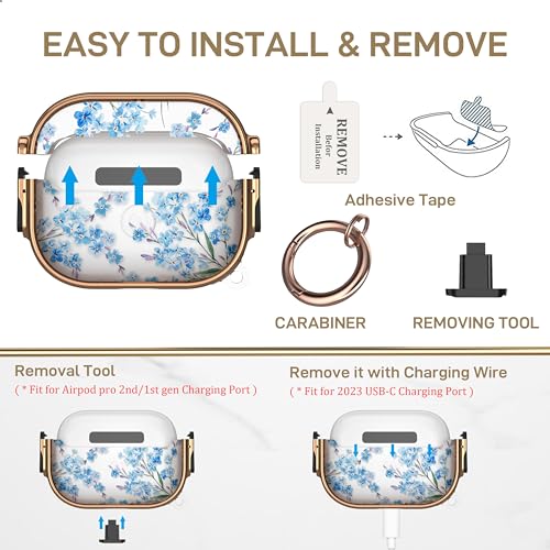 Image of Maxjoy for AirPods Pro 2nd /1st Generation Case with Lock, Clear AirPods Pro 2 Case Lock Protective Flower AirPod Pro Cover for Women Men with Keychain for Airpod Pro (2023 /2022 /2019), Blue