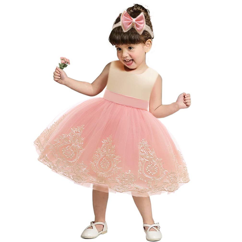 CMMCHAAH Vestido de encaje bordado de 0 a 6 años para niñas y bebés, con lazo, vestido con gorro. - rosa - 6-12 meses
