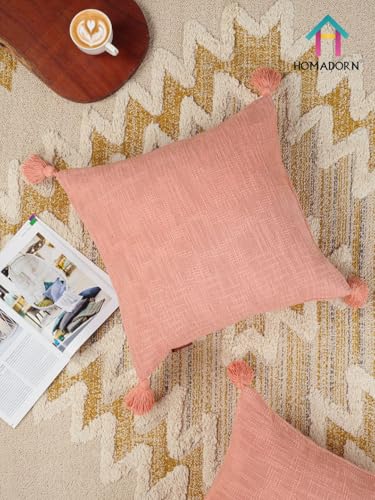 Image of HOMADORN Luxury Cotton Handmade Decorative Boho Throw Pillow Covers with Tassels for Sofa Couch Living Room Indoor Outdoor Chair Car Farmhouse (16X16 INCHES (Square), Peach (Pack of 2))