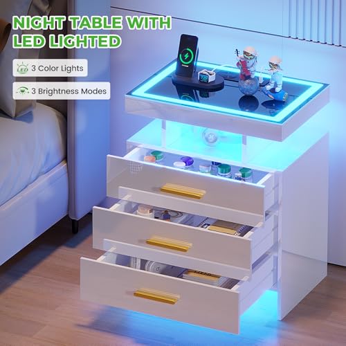 Image of HNEBC Night Stand Set 2 with LED Lights, High Gloss Nightstand with 3 Drawers,Wireless&USB&Type-C Charging Station,Smart Side Tables with Tempered Glass Top for Bedroom,Living Room,Office-White