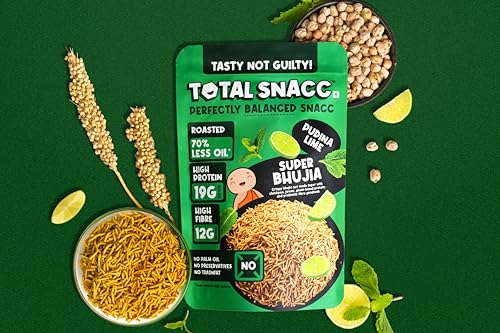 Image of TOTAL SNACC Roasted Bhujia Combo(125g x 3 Packs) | High Protein 19g , High Fibre 12g | 70% Less Oil | No Palm Oil | Indian Masala, Peri Peri & Pudina Lime | Healthy Snacks Combo | Millet Bhujiya | Baked Bhujia Sev | Baked Namkeen | Diabetic Friendly | Low Calorie