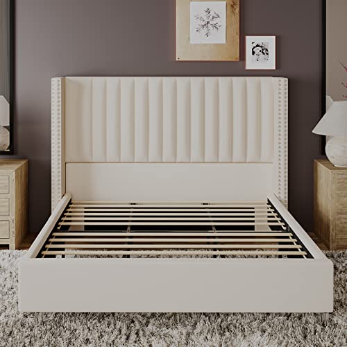 Jocisland Bed Frame King Size Upholstered Bed Wingback Headborad Velvet Channel Tufted/No Box Spring Needed/Cream #TOP5