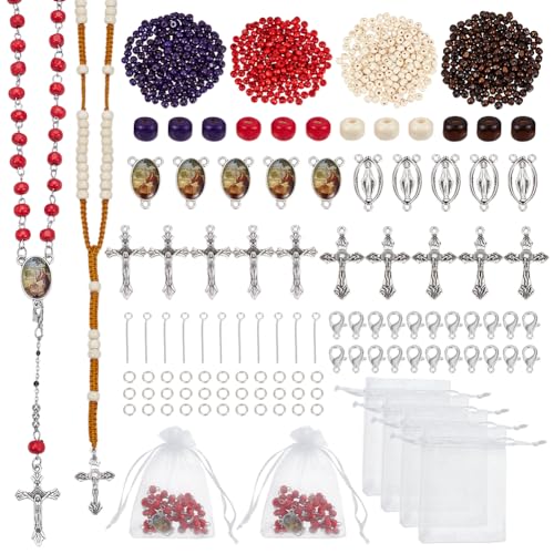 NBEADS 1240 piezas de collar de rosario de perlas, kit de fabricación de cuentas de madera natural, aleación colgante de enlace, anillos abiertos de hierro de salto de hierro, pasador de ojal de acero