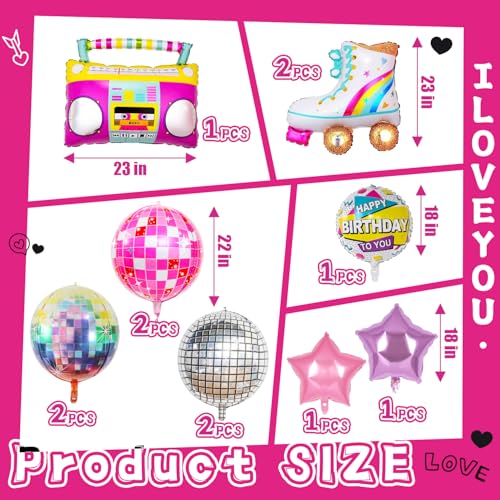 Disco Balloons 12pcs, Roller Skate Boom Box Balloon 22" 4D Round Pink Silver Balloon, Retro Theme Hip Hop Party Birthday Parties 70s 80s 90s Theme Disco Ball Party Decorations by Sixink - Used condition - Image 2