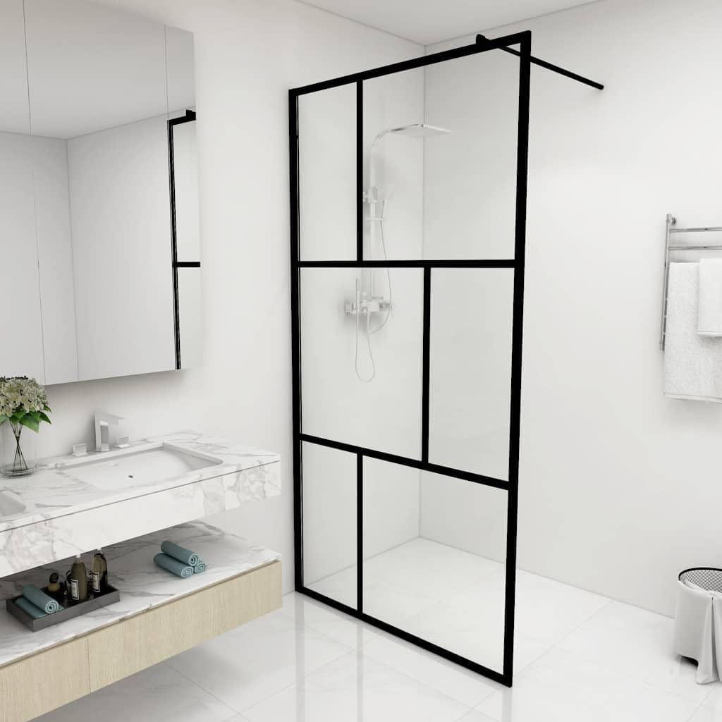 Mampara de ducha de cristal templado negro 100 x 195 cm, cristal de 5 mm, marco de aluminio, perfil ajustable, barra de apoyo de 70 a 120 cm, resistente a salpicaduras para ducha y caminar en