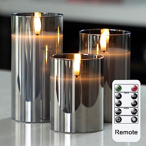 Image of LUSHARBOR LUSHABOR Flameless Candles with Remote, 3 Pack Glass Battery Operated Candles with Timer, Real Wax Glass LED Candles Flickering Wedding Home Party Christmas D3 H4 5 inch 6 inch Grey