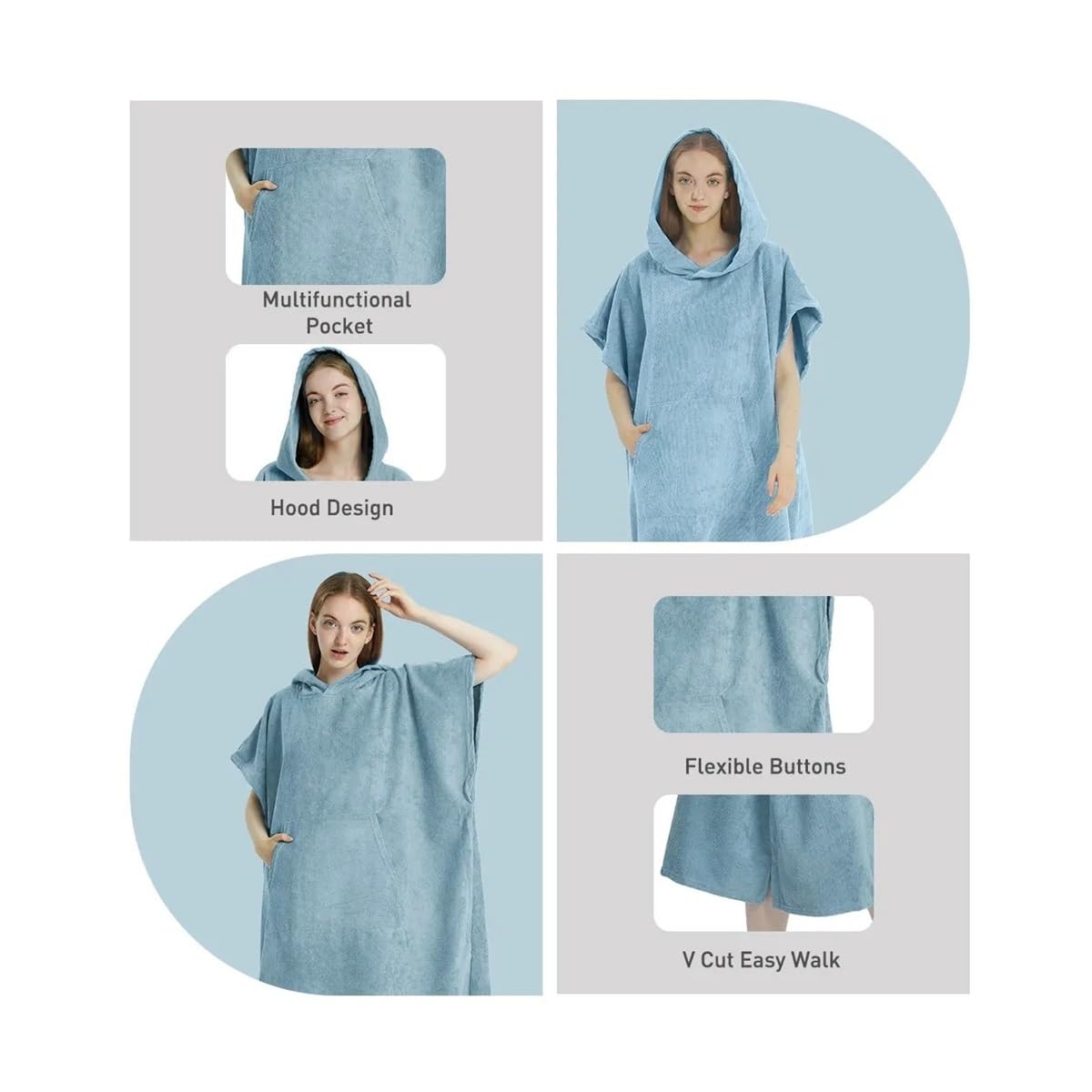 Surf Poncho Handtuch Poncho Schnell Trocknendes Handtuch Hoodie Mikrofaser Strandmantel (Hellblau)