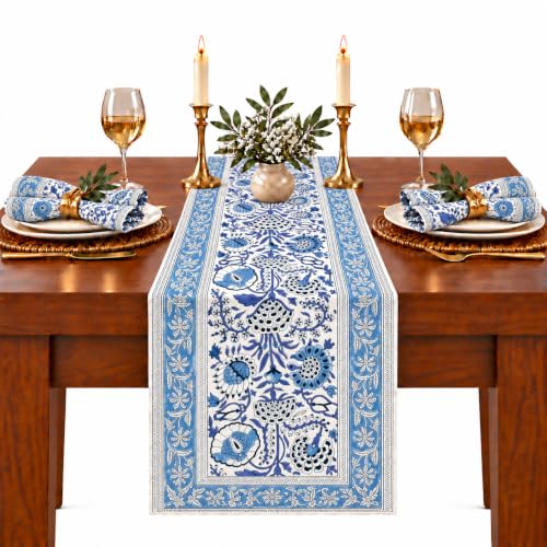 CPC Indigo Blue Block Print Table Runner 16x90 Inch Long 100% Cotton