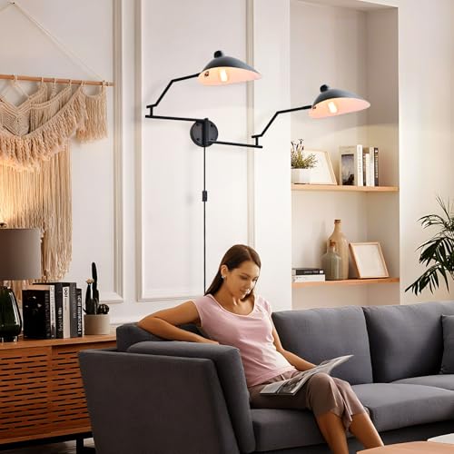 Image of Modern Black 2-Light Plug in Swing Arm Wall Sconce, 1 Pack