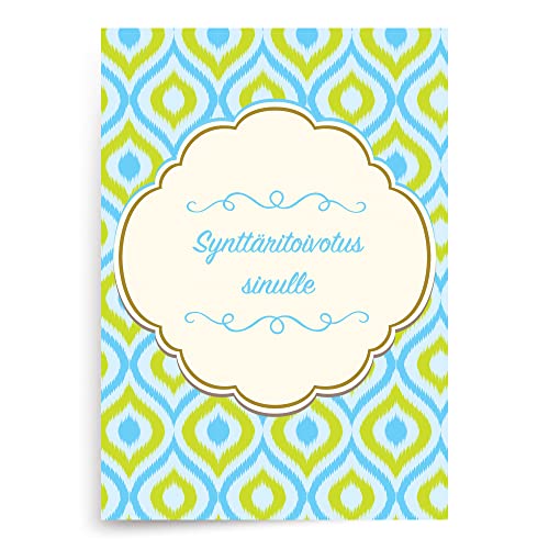 Designer Greetings Finnish Language Happy Birthday Cards, “Synttäritoivotus sinulle” Blue and Green Pattern (6 Cards with Envelopes / 6 korttia kirjekuorilla)