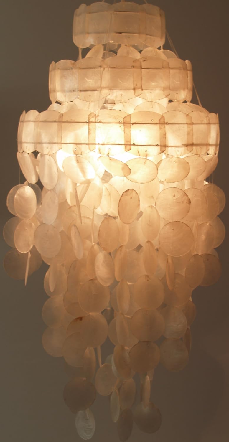 GURU SHOP Deckenlampe Muschelleuchte aus Capiz, Modell Sakawa 60 cm weiß | Hochwertige Handarbeit, einzigartiges Design, stimmungsvolle Beleuchtung, natürliche Materialien