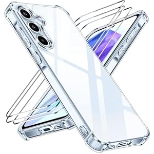 iVoler Nie Vergilbung Klar Hülle für Samsung Galaxy A55 5G mit Stoßfest Schutzecken, 1 Handyhülle mit 3 Stück Panzer Schutz Glas, [Militärischer Schutz] Transparent Schutzhülle Dünn Durchsichtige Case