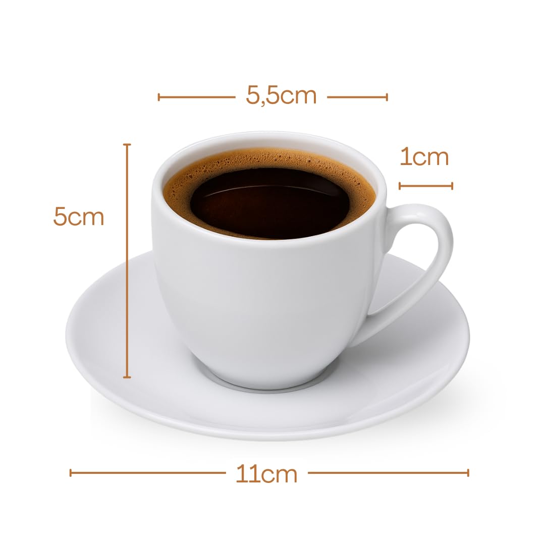 Generico Set 6 Tazzine da Caffè con Piattino 90 ml in Ceramica Bianca – Design Elegante, Ideali per Espresso, Bar e Casa – Lavabili in Lavastoviglie