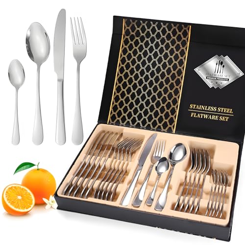 24 Pezzi Set di Posate Posati Argenteria con Bella Scatola Regalo, Incluso Coltello, Forchetta,Cucchiaio, Cucchiaino, Posate Acciaio Inox, Ideali per La Casa, Il Ristorante, Festa e Come Regalo