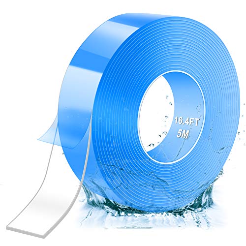 AJOXEL herbruikbare nano-plakband 5M, multifunctionele dubbelzijdige tape No-Trace verwijderbare plakband, wasbare sterke gel voor het ophangen van foto's, muurfoto's, badkamer, keuken, blauw