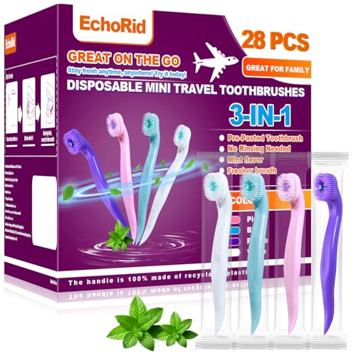 EchoRid Mini Disposable Toothbrush Pre-Pasted Toothbrushes with Toothpaste and Toothpick for Travel - Fluoride Free No Rinsing Needed Mint Flavor Fresh Breath Anywhere Anytime - 28 Ct
