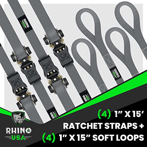 Rhino Usa Ratchet Tie Down Straps (4Pk) - 1,823Lb Guaranteed Max Break Strength, Includes (4) Premium 1" X 15' Rachet Tie Downs With Padded Handles. Best For Moving, Securing Cargo #TOP6