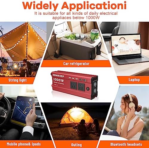 Power Inverter 1000 Watt, Car/Home 12V DC to 110V AC Converter, with LED Display, Dual AC Outlets, USB Port, Smart Fans, Cables Included, Suitable for RV, Outdoor, Camping, Boat
